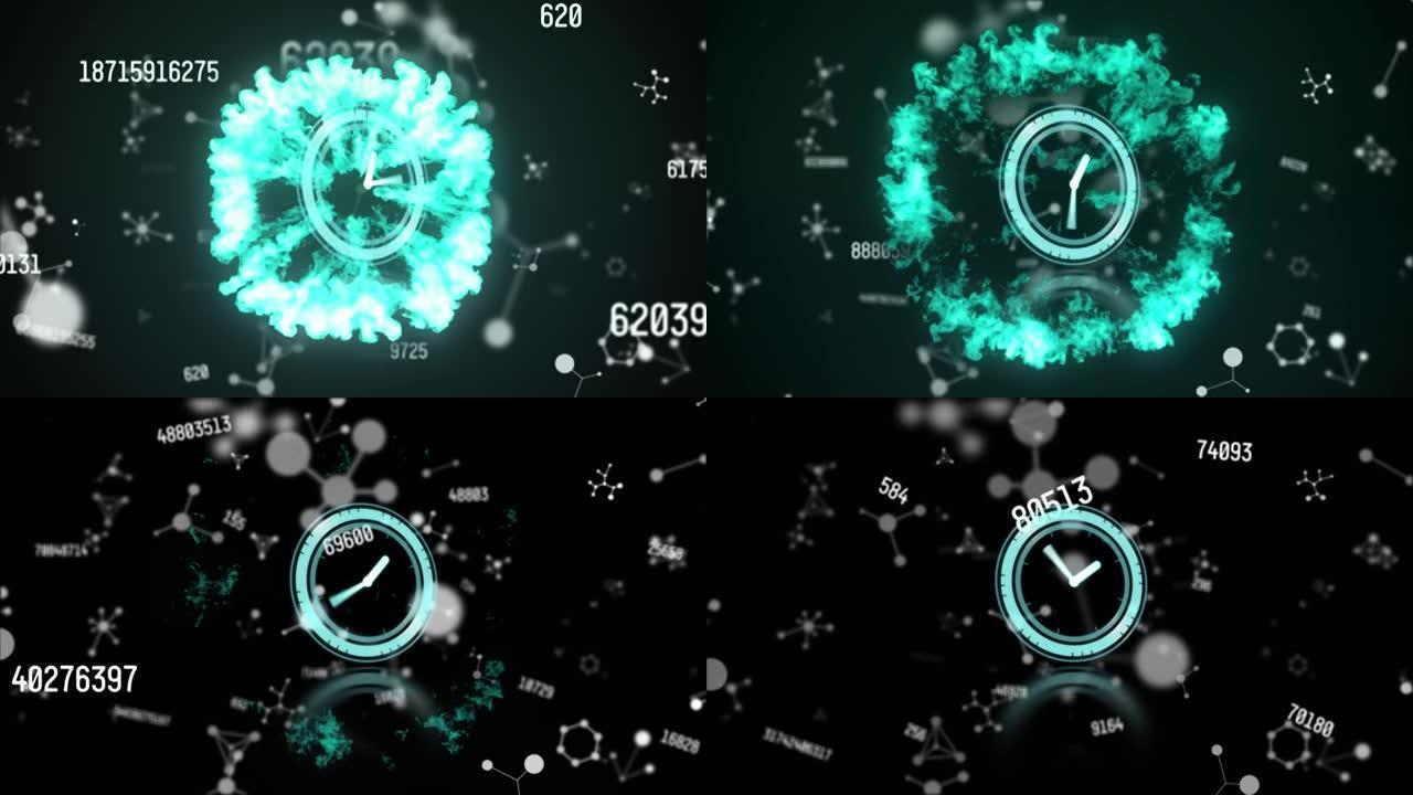 时钟的动画，带有蓝色烟雾爆炸，黑色背景上的连接和数据处理
