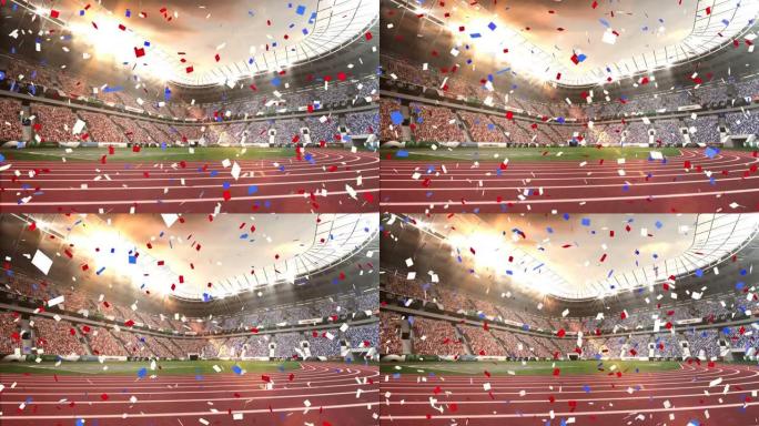 彩色五彩纸屑在背景下落在体育馆上的数字动画