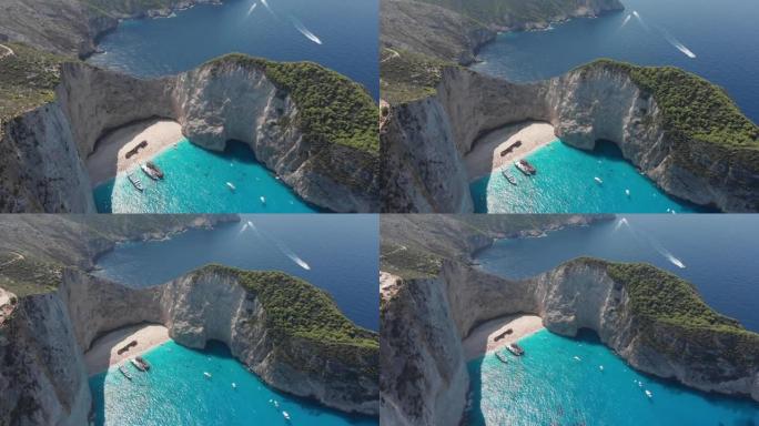 希腊扎金霍斯著名的纳瓦焦沉船海滩上的高清视频无人机视图