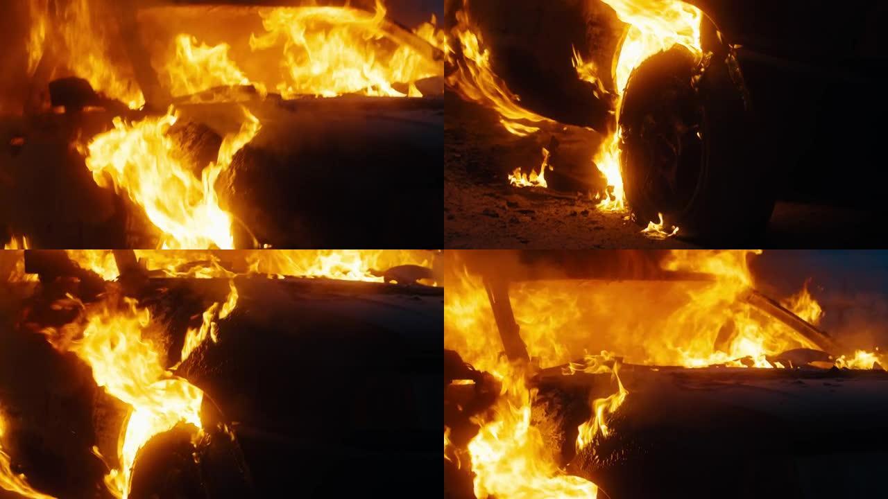 街上的客车被火焰吞没，完全烧成灰烬。