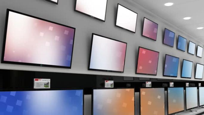 商店中蓝色和粉红色屏幕上带有发光图案的电视机行动画