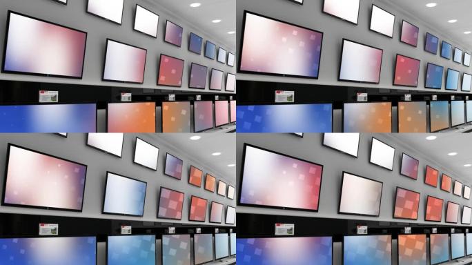 商店中蓝色和粉红色屏幕上带有发光图案的电视机行动画