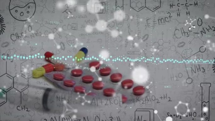 科学方程式上的连接和旋转药丸的动画