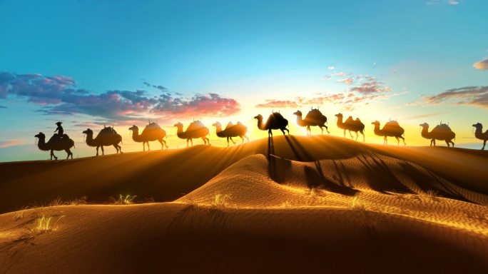 朝阳，黄昏，意境沙漠骆驼，丝绸之路
