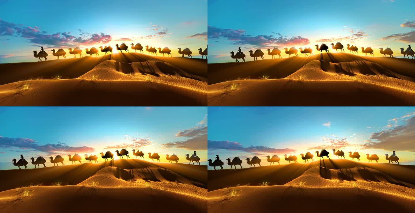 朝阳，黄昏，意境沙漠骆驼，丝绸之路