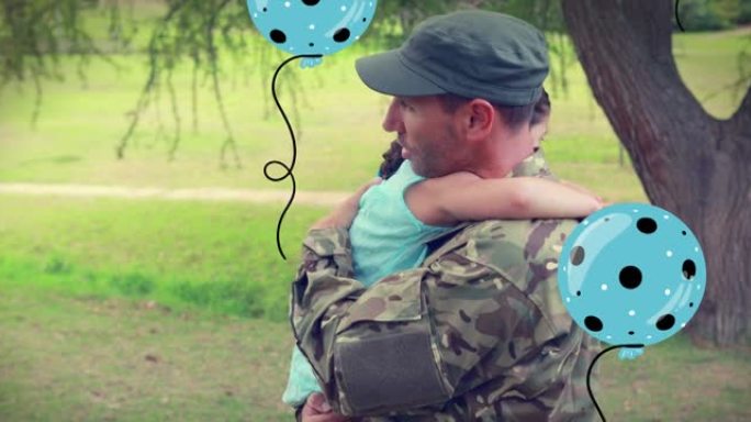 由快乐的退伍军人节短信和气球组成，over soldier father抱抱女儿