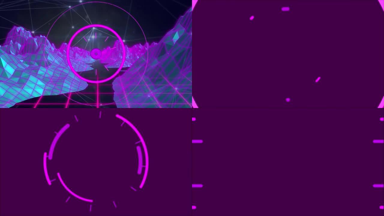 紫色圆形扫描仪的数字动画和3d山地结构的连接网络