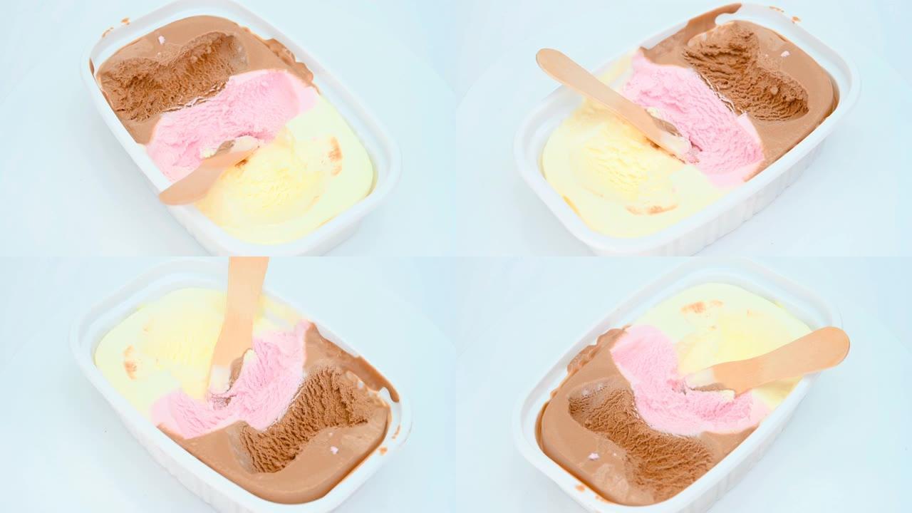 角度视图杯多色冰淇淋，一些吃过旋转的