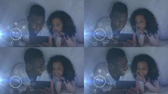 使用平板电脑在全球旋转上微笑的非洲裔美国父亲和女儿的动画
