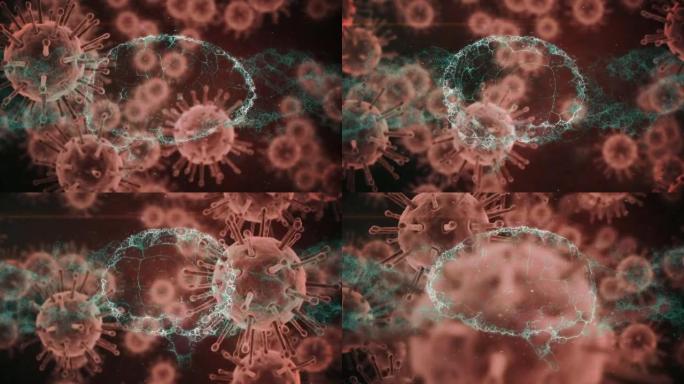 在红色背景下，人脑在多个新型冠状病毒肺炎细胞上旋转的数字动画