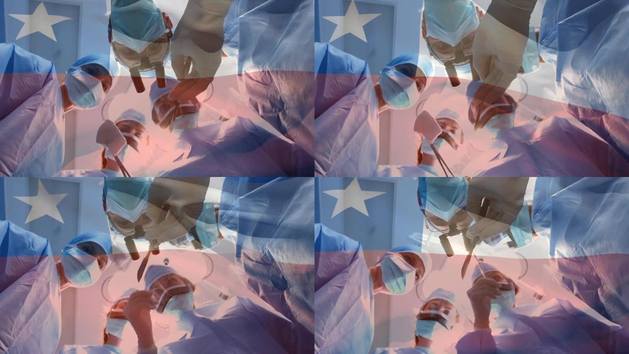 智利国旗在口罩上挥舞着外科医生的动画