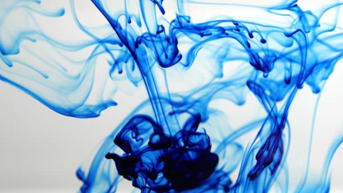 蓝色墨水滴入水中，溶解在白色背景上，慢动作。