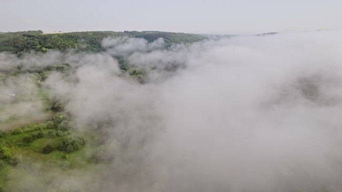 阴霾覆盖的森林的空中无人机视图。飞过低云。平静的背景，放松，地球之美，自然概念