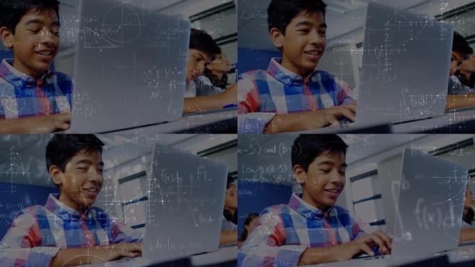 在小学课堂上使用笔记本电脑对男孩产生的数学方程式