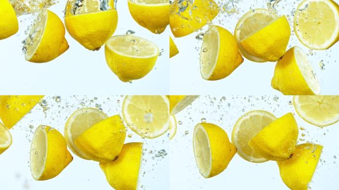 将新鲜柠檬倒入水中的超级慢动作镜头