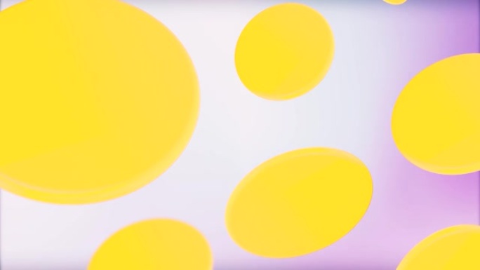 抽象的黄色椭圆形像在紫色和白色的液体物质中一样缓慢流动，无缝循环。动画。对比背景上的大椭圆形和小椭圆