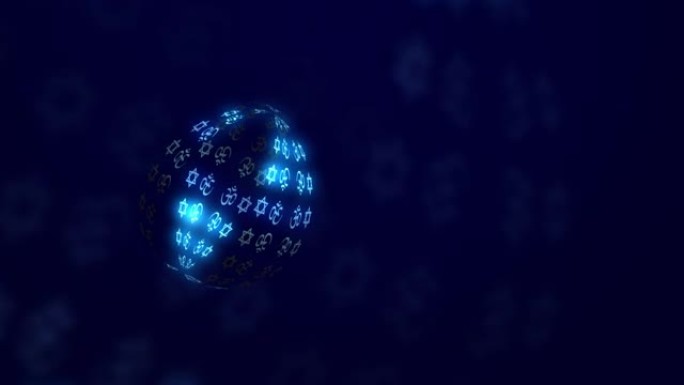 在黑暗空间中具有各种宗教象征的抽象球体。轻元素以球形形式移动