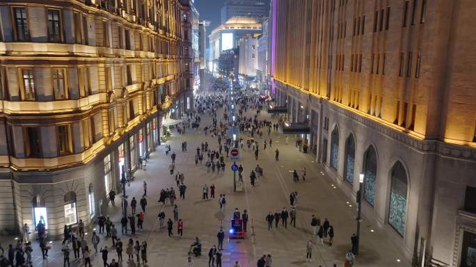 上海南京路步行街夜景航拍