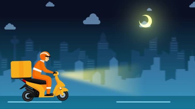 男子骑自行车送货的动画，具有城市背景，送货和在线应用服务理念