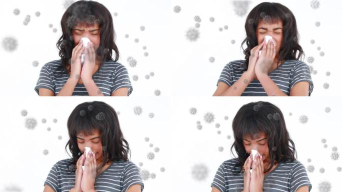 用组织在生病的女人身上吹鼻子的covid 19细胞的动画