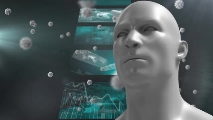 通过数据处理，在人脸模型上漂浮的多个新型冠状病毒肺炎单元对屏幕