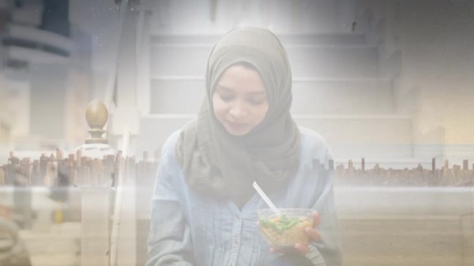 动画的亚洲妇女在城市风景吃沙拉戴头巾