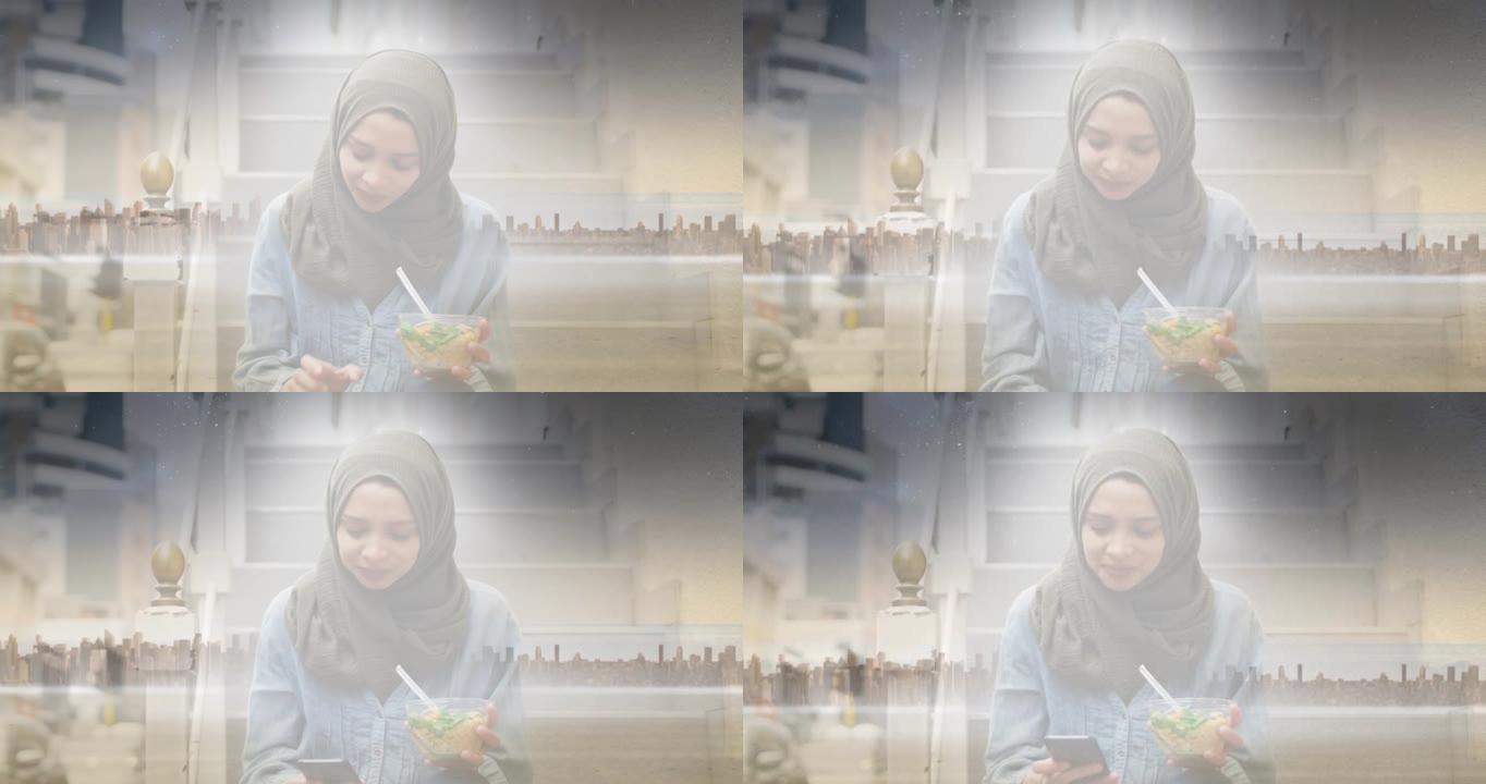 动画的亚洲妇女在城市风景吃沙拉戴头巾