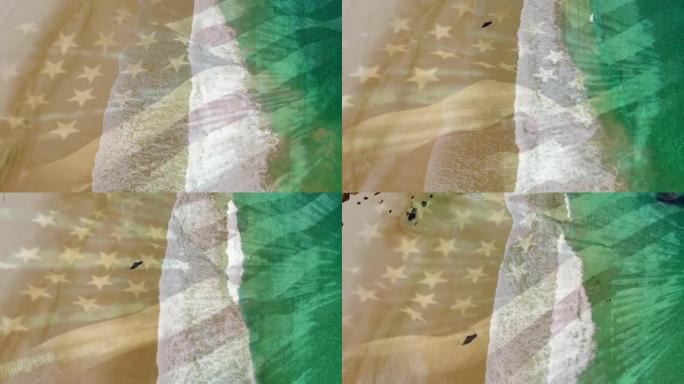 美国国旗飘扬在海滩和海浪的鸟瞰图的动画