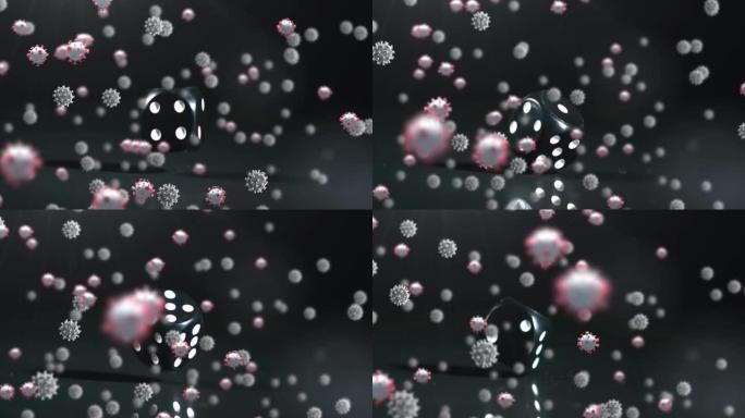 covid 19细胞在灰色背景上漂浮在骰子上的动画