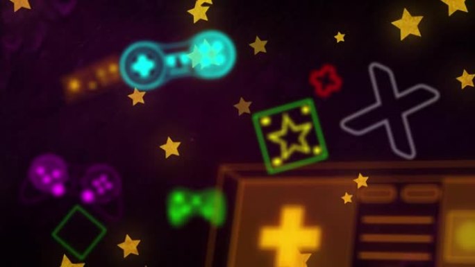 霓虹灯视频游戏的动画数字接口在星星上闪烁