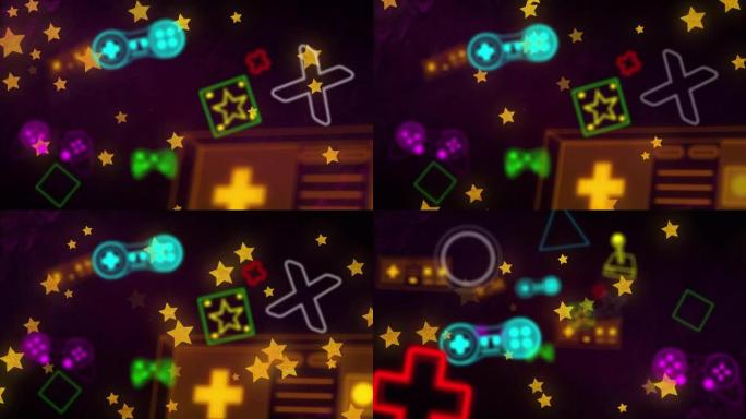 霓虹灯视频游戏的动画数字接口在星星上闪烁