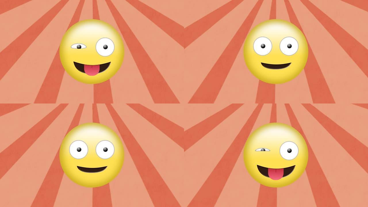 橙色背景上移动放射状光线的傻脸表情符号数字动画