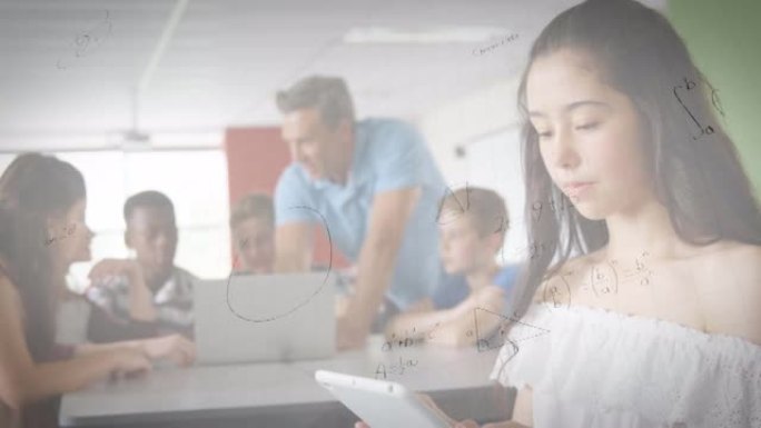 在小学使用数字平板电脑漂浮在白人女孩身上的数学方程式