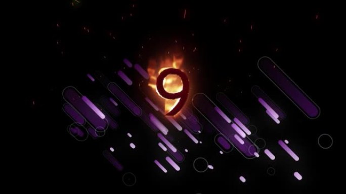黑色背景上的橙色火焰9号动画，带有紫色烟花