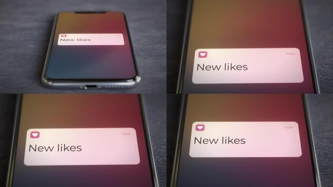 桌子上的智能手机显示新的喜欢锁屏通知特写镜头4k