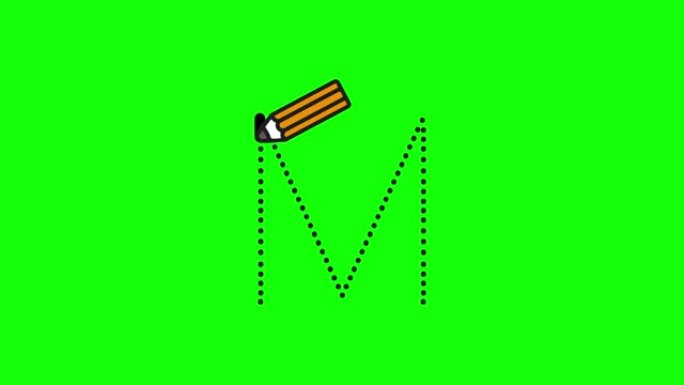 英语字母表写作教程。用隔离在绿色屏幕上的铅笔跟踪字母M。儿童动画字母样本字母M的顺序书写