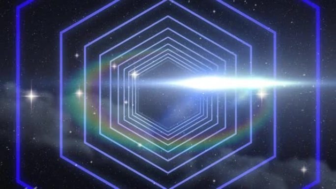 六角形的数字动画在空间中无缝运动以对抗闪亮的恒星