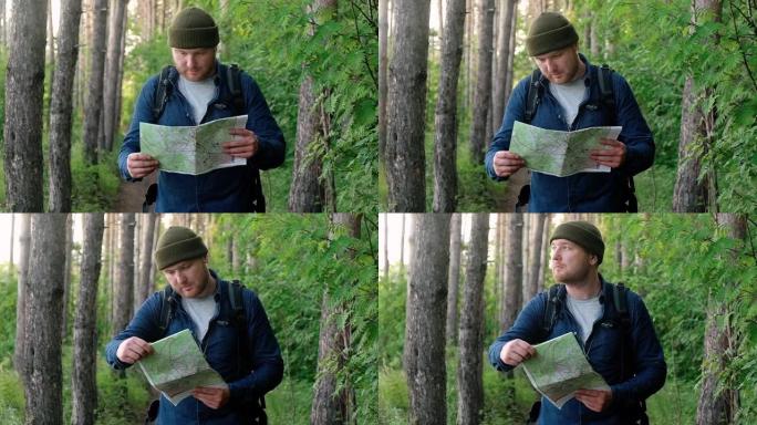 游客迷失在森林中，寻找纸质地图寻找出路