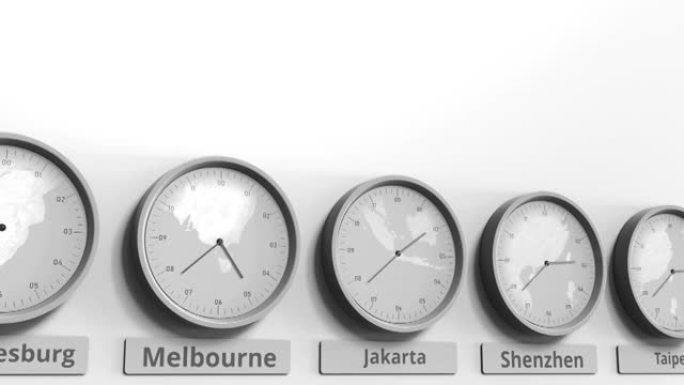 时钟显示印度尼西亚雅加达不同时区的时间。概念3D动画