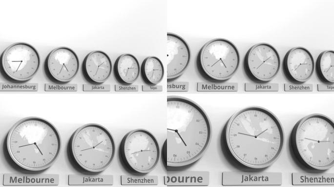 时钟显示印度尼西亚雅加达不同时区的时间。概念3D动画