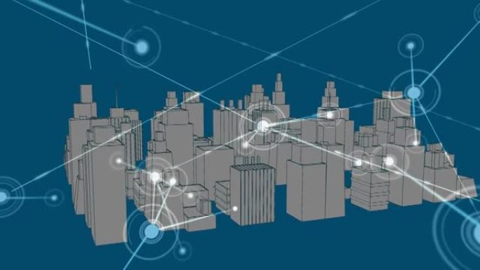 蓝色背景上的3d城市模型旋转的连接网络数字动画