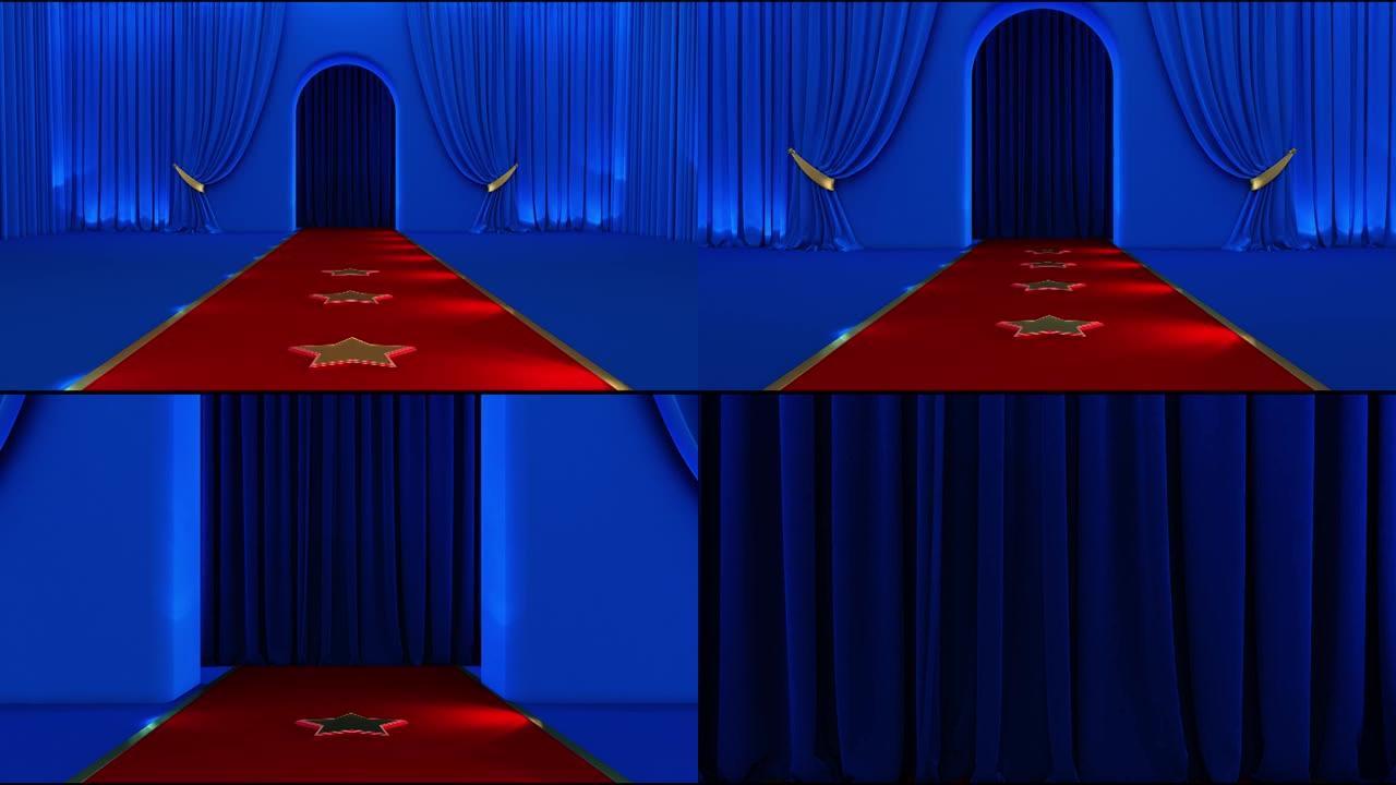 红地毯节日场景动画。红地毯和带红绳的柱子。3D渲染