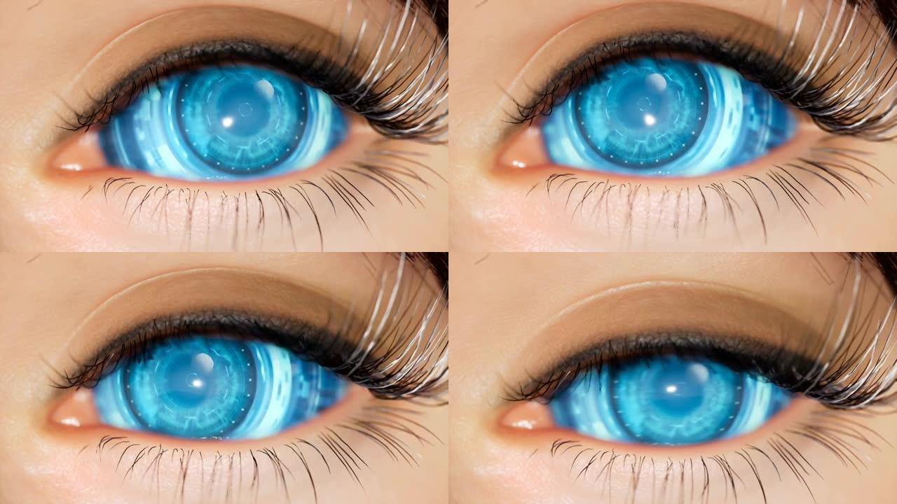 一个女孩的蓝色网络眼睛看着镜头特写。蓝色网眼的宏观镜头。眼睛是使用计算机图形制作的。控制论蓝眼睛的极