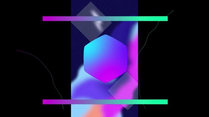黑色背景上垂直屏幕中带有六角形和形状的绿色和紫色线条的动画