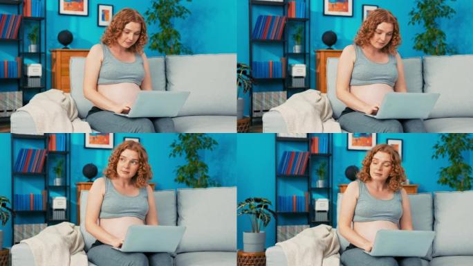 一位红发孕妇坐在客厅的沙发上，膝上放着电脑。女性浏览婴儿室设计，思考婴儿床装饰，浏览在线婴儿家具交易