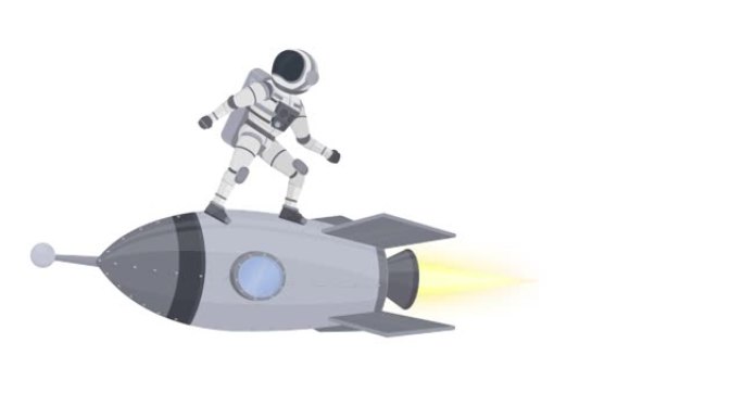 宇航员在火箭上飞行的动画。卡通