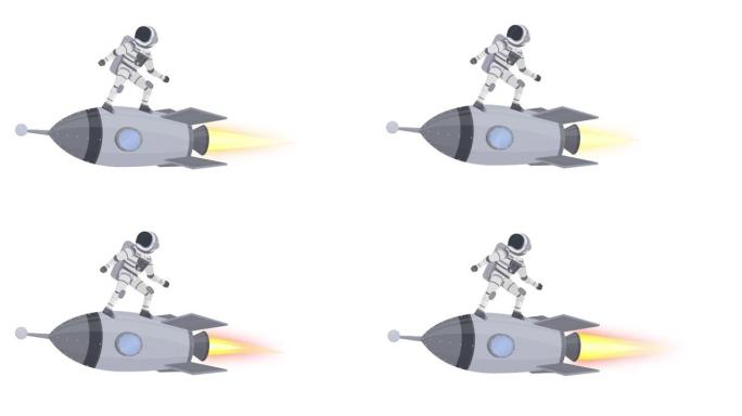 宇航员在火箭上飞行的动画。卡通