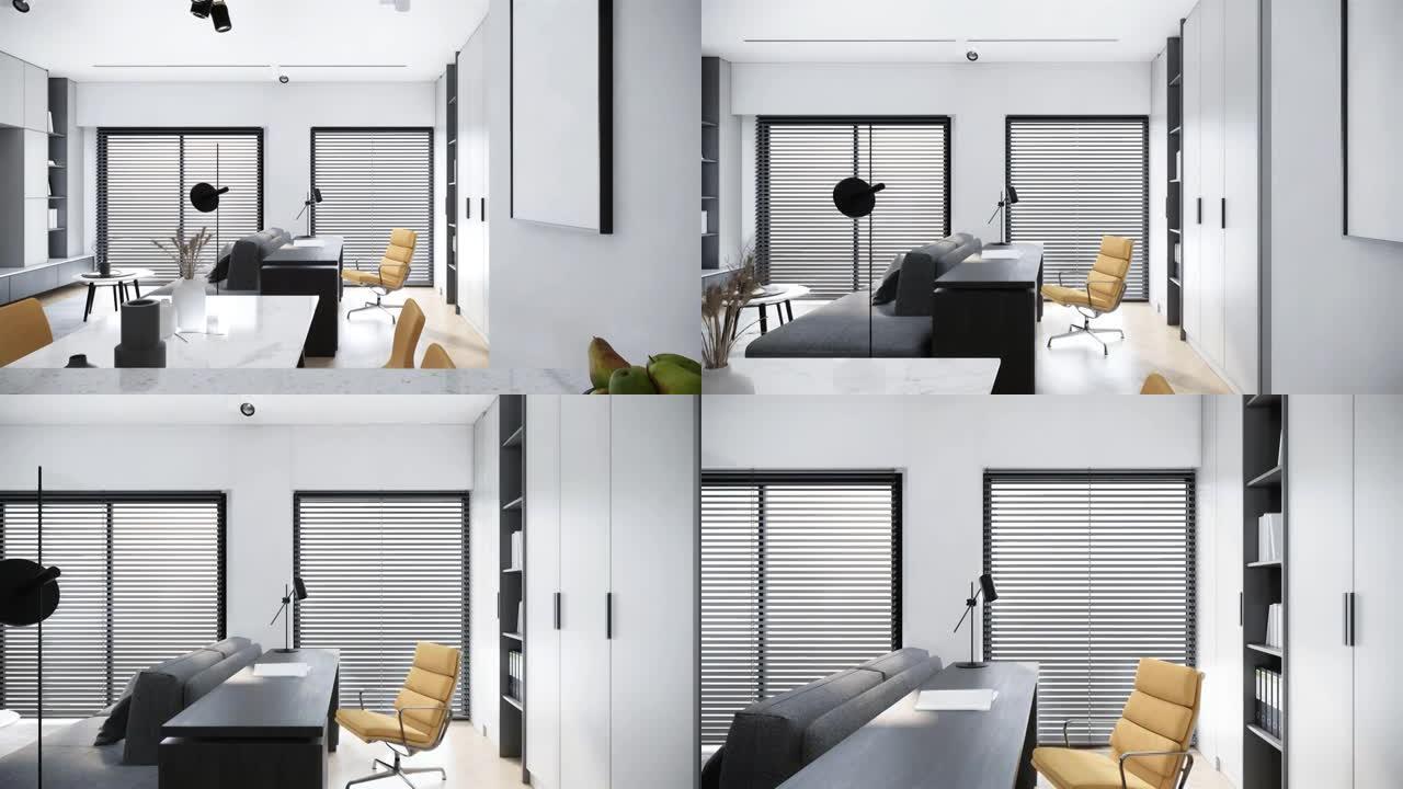 现代白色房间室内设计，现代公寓和带家具的家庭办公室概念，放大镜头，视频4k 3d动画