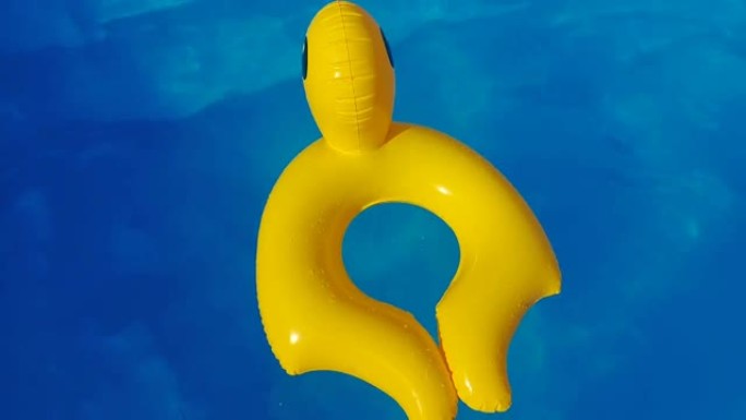 橡胶充气鸭漂浮在游泳池里。