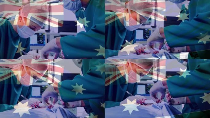 澳大利亚国旗在口罩上挥舞着外科医生的动画